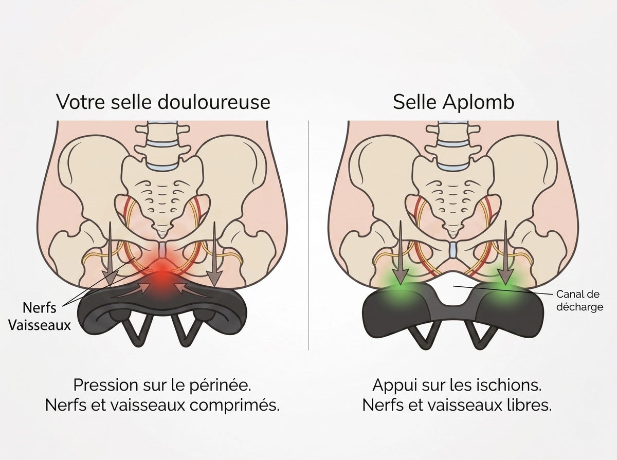 Vététiste arrêté sur un chemin, debout sur les pédales, il se soulage de la selle
